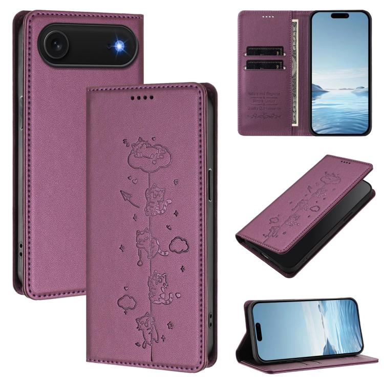 Cute Cats Embossed Magnetic RFID Vegan Leather Phone Case, For iPhone Air, For iPhone 16 Pro Max