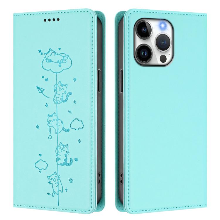 Cute Cats Embossed Magnetic RFID Vegan Leather Phone Case, For iPhone 16 Pro, For iPhone 16 Plus