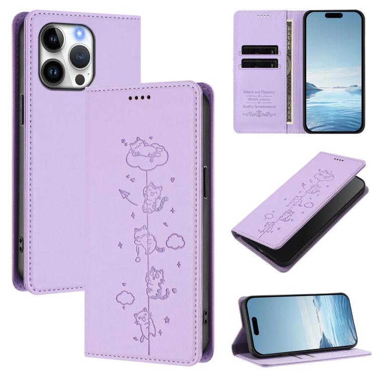 Cute Cats Embossed Magnetic RFID Vegan Leather Phone Case, For iPhone 16 Pro, For iPhone 16 Plus