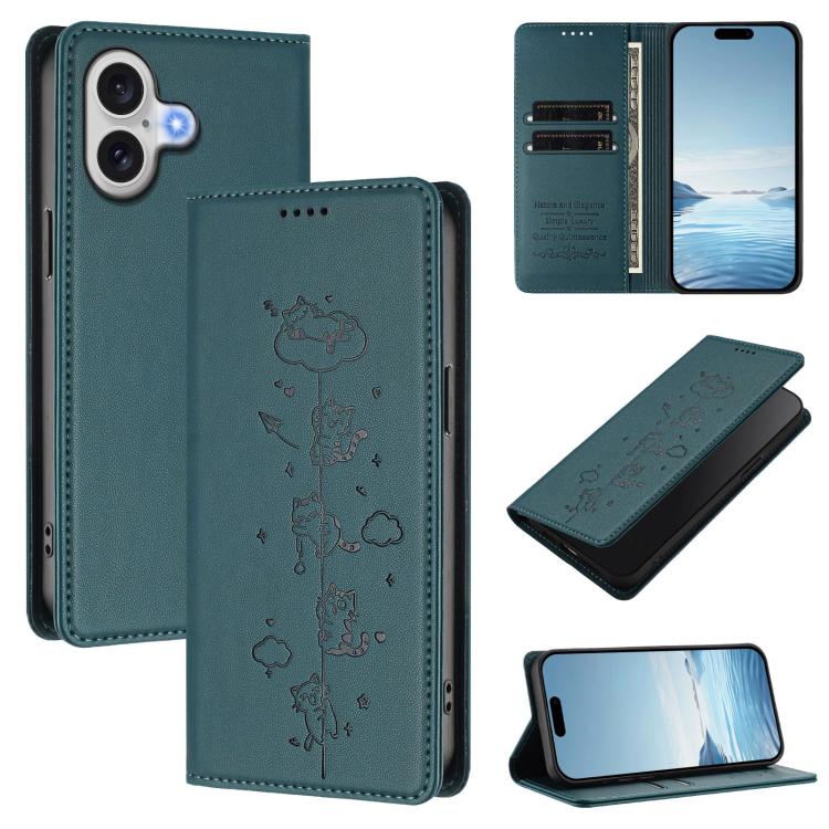 Cute Cats Embossed Magnetic RFID Vegan Leather Phone Case, For iPhone 16 Pro, For iPhone 16 Plus