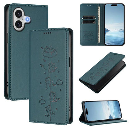 Cute Cats Embossed Magnetic RFID Vegan Leather Phone Case, For iPhone 16 Pro, For iPhone 16 Plus