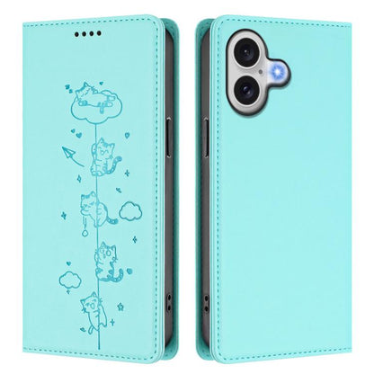 Cute Cats Embossed Magnetic RFID Vegan Leather Phone Case, For iPhone 16, For iPhone 15 Pro Max