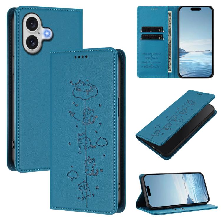 Cute Cats Embossed Magnetic RFID Vegan Leather Phone Case, For iPhone 16, For iPhone 15 Pro Max