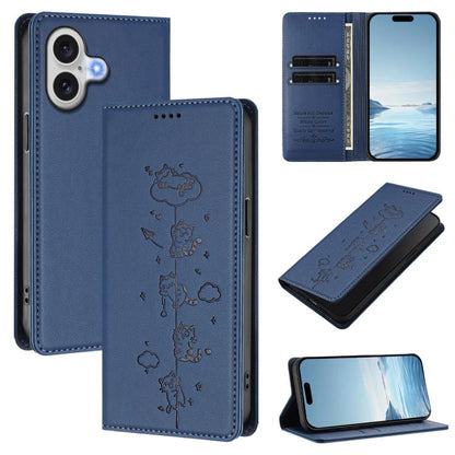 Cute Cats Embossed Magnetic RFID Vegan Leather Phone Case, For iPhone 16, For iPhone 15 Pro Max