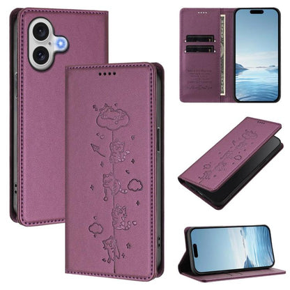 Cute Cats Embossed Magnetic RFID Vegan Leather Phone Case, For iPhone 16, For iPhone 15 Pro Max
