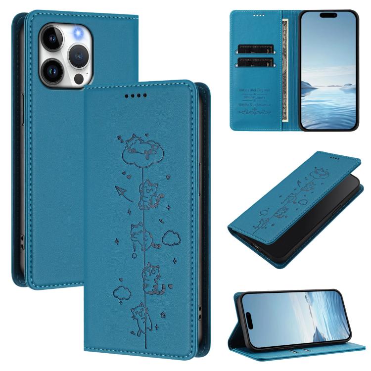 Cute Cats Embossed Magnetic RFID Vegan Leather Phone Case, For iPhone 16, For iPhone 15 Pro Max