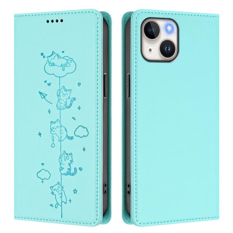Cute Cats Embossed Magnetic RFID Vegan Leather Phone Case, For iPhone 15, For iPhone 14 Plus