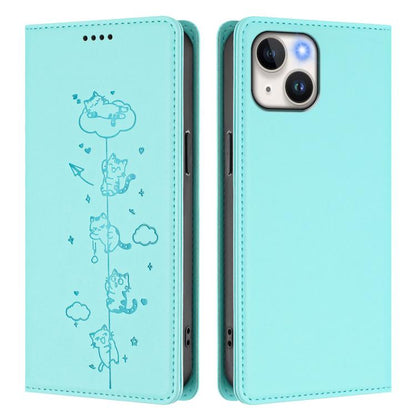 Cute Cats Embossed Magnetic RFID Vegan Leather Phone Case, For iPhone 15, For iPhone 14 Plus