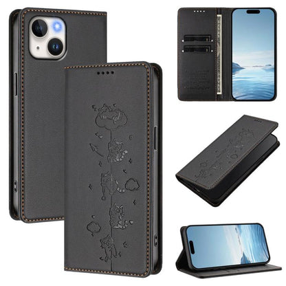 Cute Cats Embossed Magnetic RFID Vegan Leather Phone Case, For iPhone 15, For iPhone 14 Plus