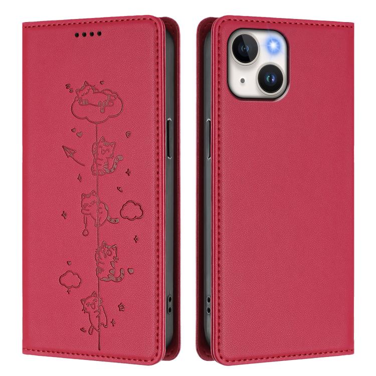 Cute Cats Embossed Magnetic RFID Vegan Leather Phone Case, For iPhone 15, For iPhone 14 Plus