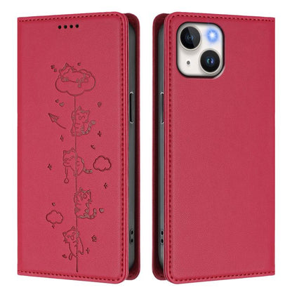 Cute Cats Embossed Magnetic RFID Vegan Leather Phone Case, For iPhone 15, For iPhone 14 Plus