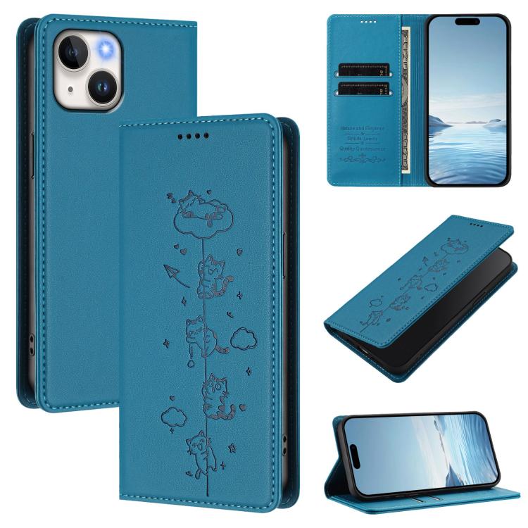 Cute Cats Embossed Magnetic RFID Vegan Leather Phone Case, For iPhone 15, For iPhone 14 Plus
