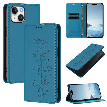 Cute Cats Embossed Magnetic RFID Vegan Leather Phone Case, For iPhone 15, For iPhone 14 Plus