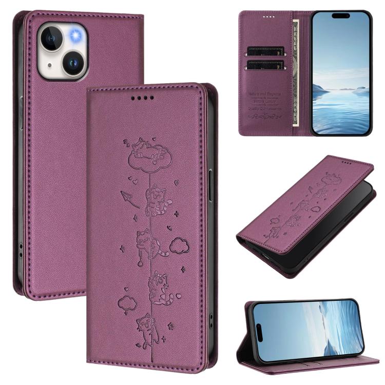 Cute Cats Embossed Magnetic RFID Vegan Leather Phone Case, For iPhone 15, For iPhone 14 Plus