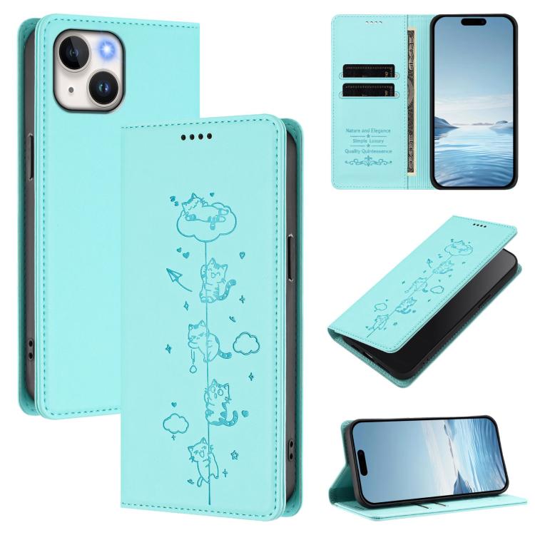 Cute Cats Embossed Magnetic RFID Vegan Leather Phone Case, For iPhone 15, For iPhone 14 Plus
