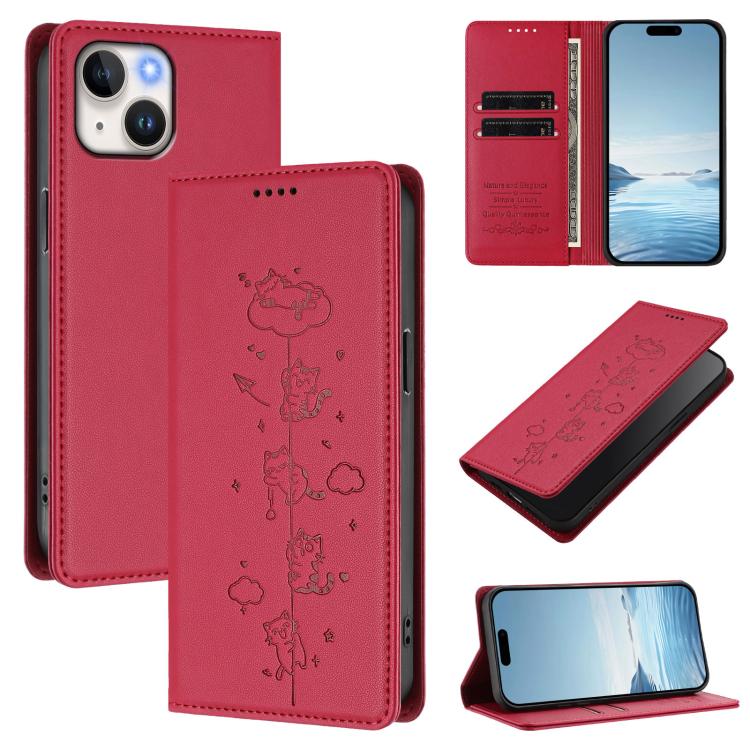 Cute Cats Embossed Magnetic RFID Vegan Leather Phone Case, For iPhone 15, For iPhone 14 Plus