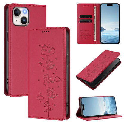 Cute Cats Embossed Magnetic RFID Vegan Leather Phone Case, For iPhone 15, For iPhone 14 Plus