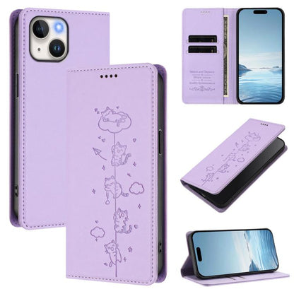 Cute Cats Embossed Magnetic RFID Vegan Leather Phone Case, For iPhone 15, For iPhone 14 Plus