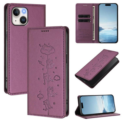 Cute Cats Embossed Magnetic RFID Vegan Leather Phone Case, For iPhone 15, For iPhone 14 Plus