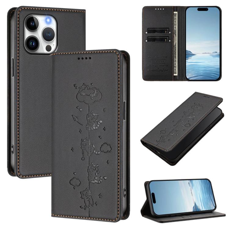 Cute Cats Embossed Magnetic RFID Vegan Leather Phone Case, For iPhone 14 Pro Max, For iPhone 13 Pro Max
