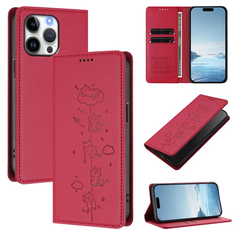 Cute Cats Embossed Magnetic RFID Vegan Leather Phone Case, For iPhone 14 Pro Max, For iPhone 13 Pro Max