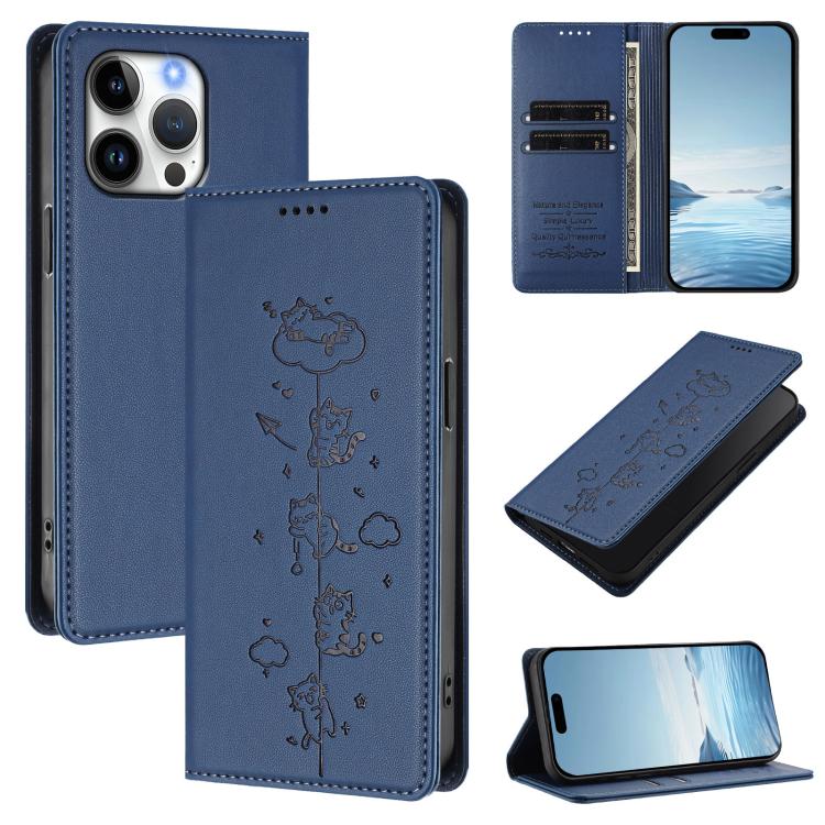 Cute Cats Embossed Magnetic RFID Vegan Leather Phone Case, For iPhone 14 Pro Max, For iPhone 13 Pro Max