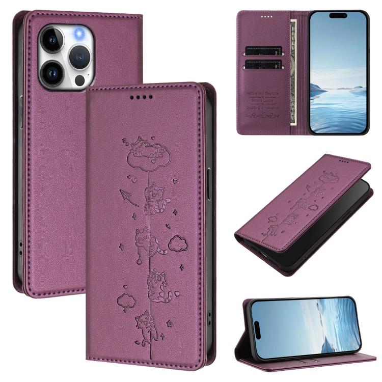 Cute Cats Embossed Magnetic RFID Vegan Leather Phone Case, For iPhone 14 Pro Max, For iPhone 13 Pro Max