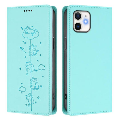 Cute Cats Embossed Magnetic RFID Vegan Leather Phone Case, For iPhone 12 / 12 Pro, For iPhone 11 Pro Max