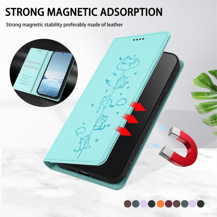 Cute Cats Embossed Magnetic RFID Vegan Leather Phone Case, For iPhone 12 / 12 Pro, For iPhone 11 Pro Max