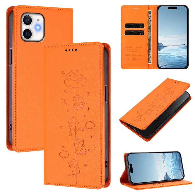 Cute Cats Embossed Magnetic RFID Vegan Leather Phone Case, For iPhone 12 / 12 Pro, For iPhone 11 Pro Max