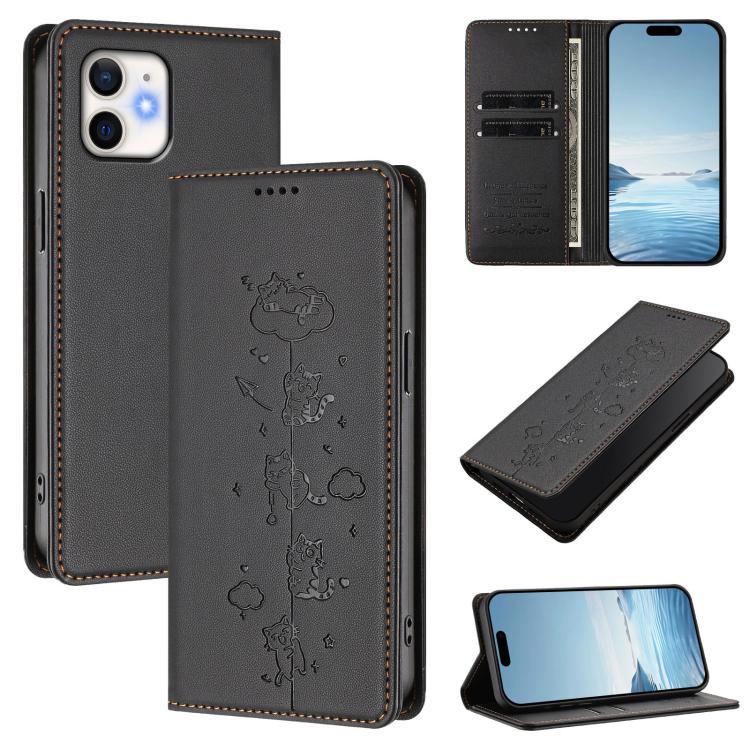 Cute Cats Embossed Magnetic RFID Vegan Leather Phone Case, For iPhone 12 / 12 Pro, For iPhone 11 Pro Max