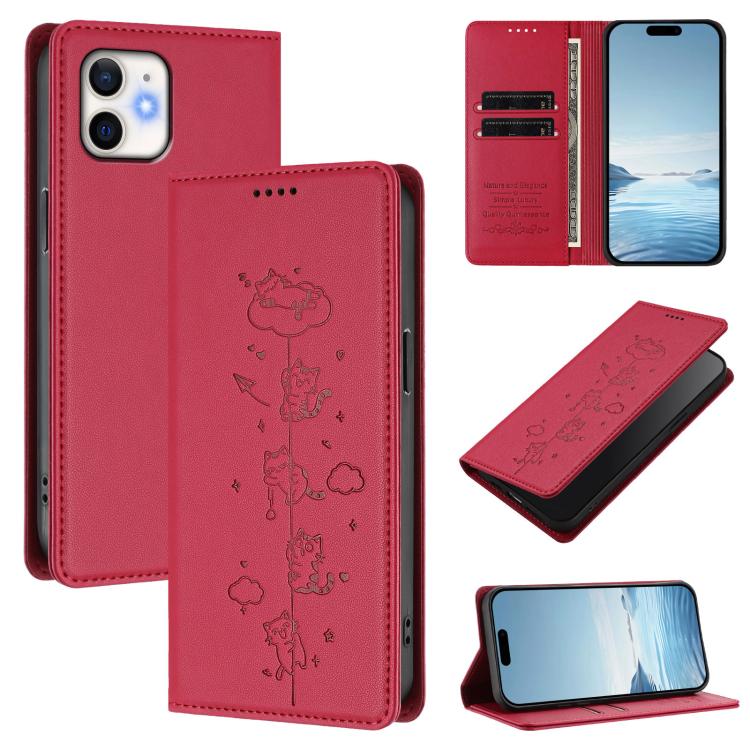 Cute Cats Embossed Magnetic RFID Vegan Leather Phone Case, For iPhone 12 / 12 Pro, For iPhone 11 Pro Max