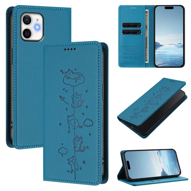 Cute Cats Embossed Magnetic RFID Vegan Leather Phone Case, For iPhone 12 / 12 Pro, For iPhone 11 Pro Max