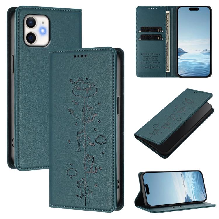 Cute Cats Embossed Magnetic RFID Vegan Leather Phone Case, For iPhone 12 / 12 Pro, For iPhone 11 Pro Max
