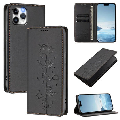 Cute Cats Embossed Magnetic RFID Vegan Leather Phone Case, For iPhone 12 / 12 Pro, For iPhone 11 Pro Max