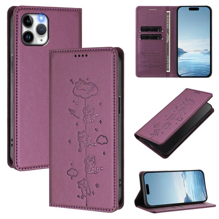 Cute Cats Embossed Magnetic RFID Vegan Leather Phone Case, For iPhone 12 / 12 Pro, For iPhone 11 Pro Max