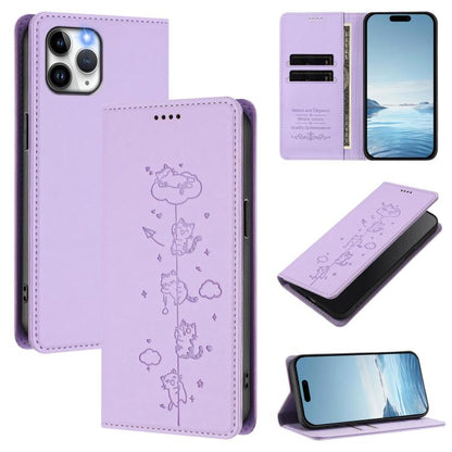 Cute Cats Embossed Magnetic RFID Vegan Leather Phone Case, For iPhone 11, For iPhone 11 Pro