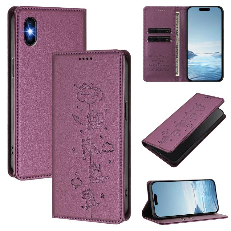 Cute Cats Embossed Magnetic RFID Vegan Leather Phone Case, For iPhone XS Max, For iPhone 8 Plus / 7 Plus