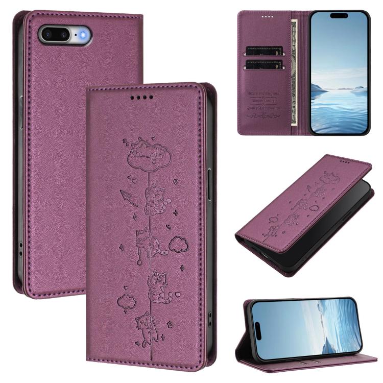 Cute Cats Embossed Magnetic RFID Vegan Leather Phone Case, For iPhone XS Max, For iPhone 8 Plus / 7 Plus