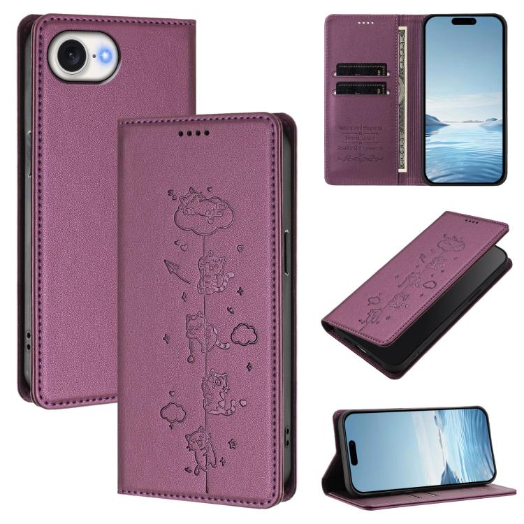 Cute Cats Embossed Magnetic RFID Vegan Leather Phone Case, For iPhone 17e / 16e, For iPhone 17 Pro Max