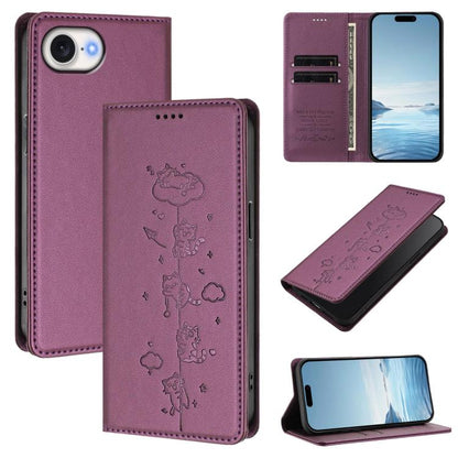 Cute Cats Embossed Magnetic RFID Vegan Leather Phone Case, For iPhone 17e / 16e, For iPhone 17 Pro Max
