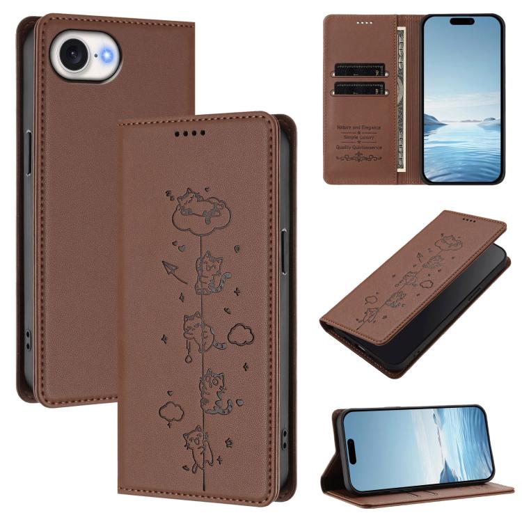 Cute Cats Embossed Magnetic RFID Vegan Leather Phone Case, For iPhone 17e / 16e, For iPhone 17 Pro Max