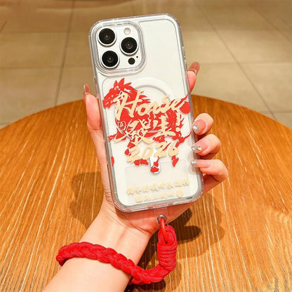 Horse Year Acrylic Magnetic Full Coverage Phone Case with Lanyard, For iPhone 14 Plus, For iPhone 14, For iPhone 14 Pro, For iPhone 14 Pro Max