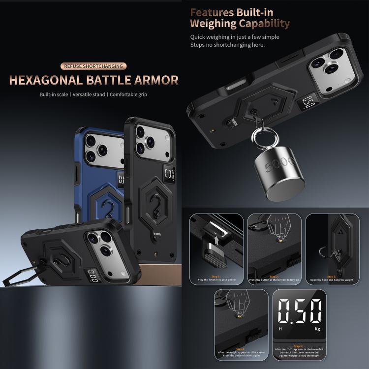 Hexagon Armor Magnetic Holder Weighing Scale Phone Case, For iPhone 17 Pro Max, For iPhone 17 Pro, For iPhone 17