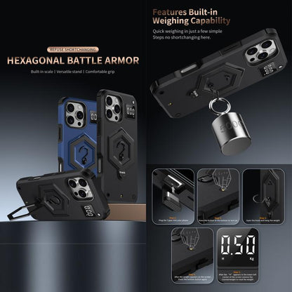 Hexagon Armor Magnetic Holder Weighing Scale Phone Case, For iPhone 16, For iPhone 15 Pro Max, For iPhone 15 Pro