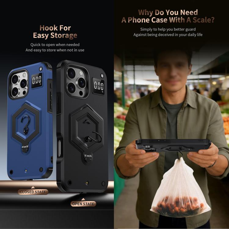 Hexagon Armor Magnetic Holder Weighing Scale Phone Case, For iPhone 16, For iPhone 15 Pro Max, For iPhone 15 Pro