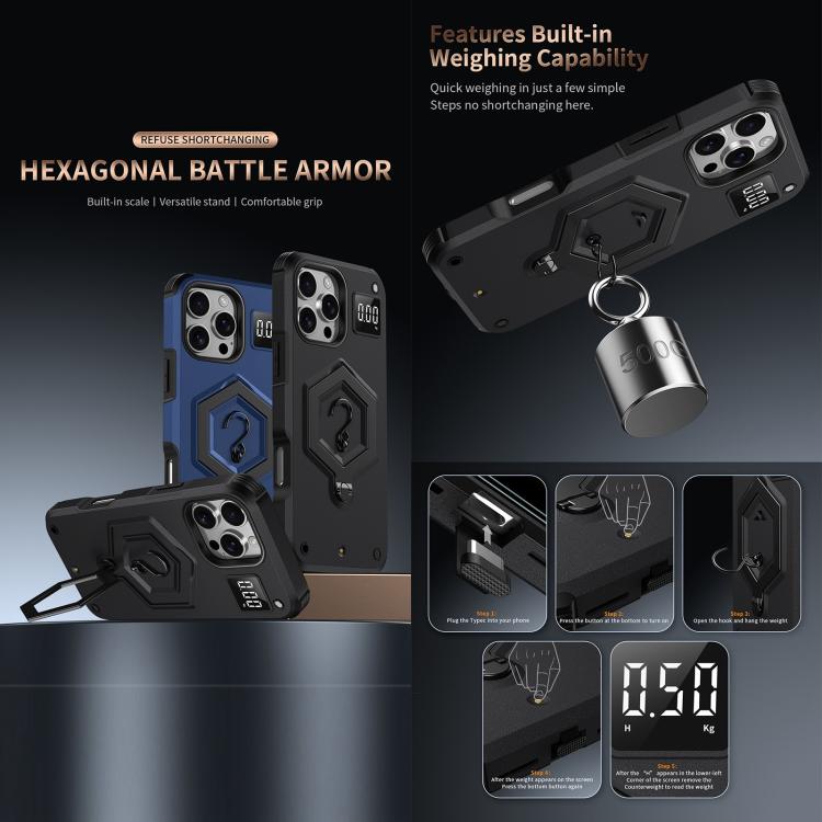 Hexagon Armor Magnetic Holder Weighing Scale Phone Case, For iPhone 15 Plus, For iPhone 15, For iPhone 14 Plus