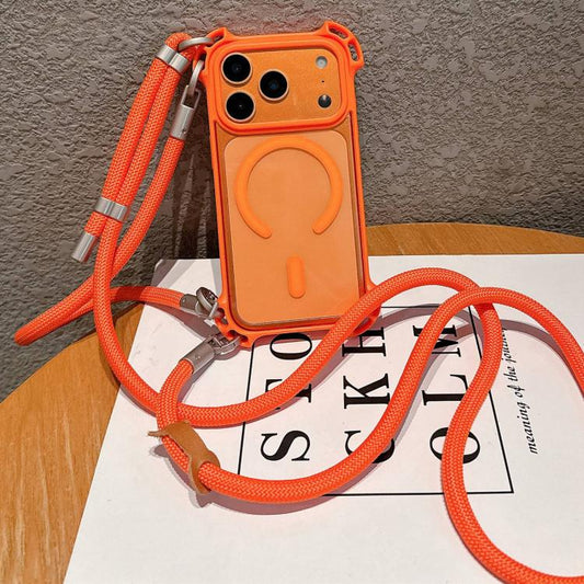 Drone-Style Four-Corner Shockproof Magnetic Acrylic Phone Case with Long and Short Lanyard, For iPhone 17 Pro Max, For iPhone 17 Pro, For iPhone 17, For iPhone 16 Pro Max, For iPhone 16 Pro, For iPhone 16 Plus