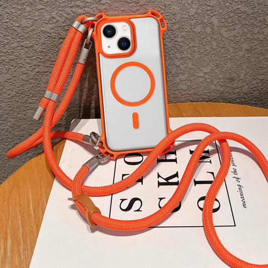 Drone-Style Four-Corner Shockproof Magnetic Acrylic Phone Case with Long and Short Lanyard, For iPhone 14, For iPhone 14 Pro, For iPhone 14 Pro Max, For iPhone 13 Pro Max, For iPhone 13 Pro, For iPhone 13