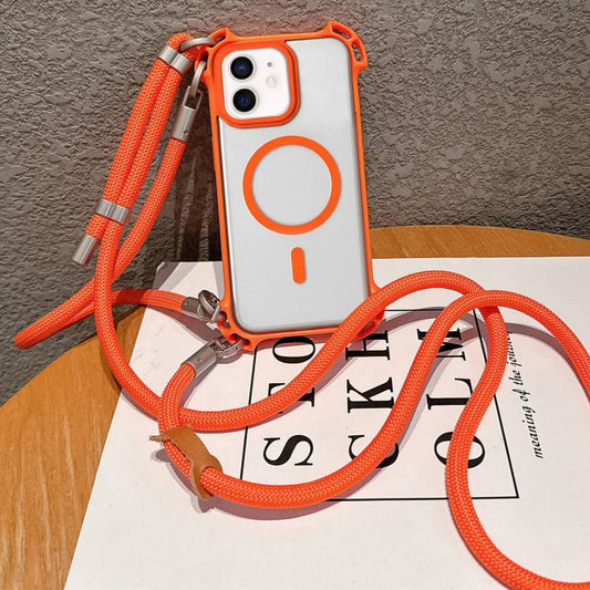 Drone-Style Four-Corner Shockproof Magnetic Acrylic Phone Case with Long and Short Lanyard, For iPhone 12, For iPhone 12 Pro Max, For iPhone 12 Pro, For iPhone 11